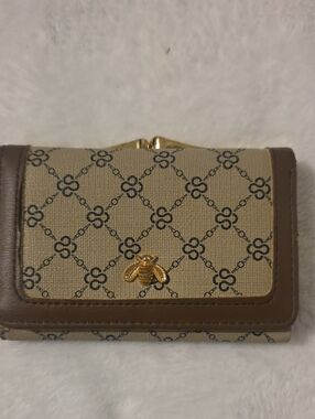 Beige Patterned Wallet with Gold Bee Accent